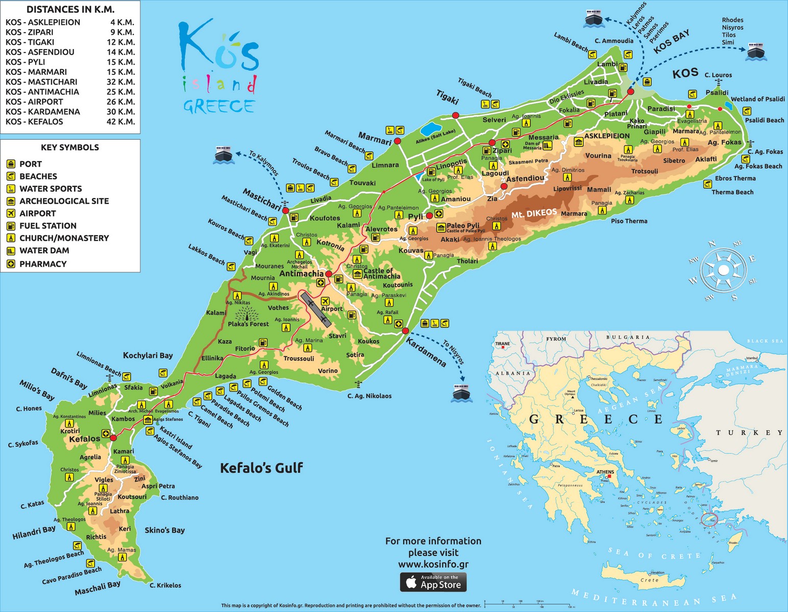 Карта острова Кос со всеми населенными пунктами, пляжами и достопримечательностями